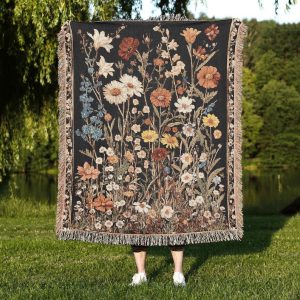 Dark Floral Woven Blanket A Tapestry Throw With Vintage Wildflowers